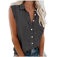 Women's Eyelet Embroidery Tank Tops Summer Button Down Sleeveless Lapel Hollow T-Shirts Casual Loose Dressy Vests