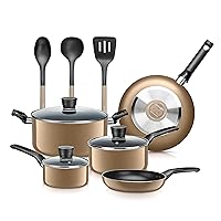 SereneLife Kitchenware Pots & Pans Basic Kitchen Cookware, Black Non-Stick Coating Inside, Heat Resistant Lacquer (11-Piece Set), One Size, Gold