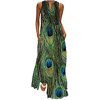 Women's Bohemian Swing Sleeveless Long Floor Maxi Beach Round Neck Trendy Dress Casual Summer Flowy Foral Print Hawai Green