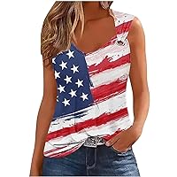 Women's American Flag Tank Tops Sexy V Neck O Ring Shoulder Camisole Shirt Casual Sleeveless 4th of July Blouse Tops