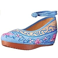 Women's and Ladies The Lotus Embroidery Rubber Sole Platform Wedge Mary Jane Shoes Canvas Shoe (6 US, Blue)