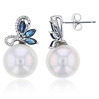 14K White Gold Round Cubic Zirconia & 11mm White Edison Pearl/Marquise Sapphire Flower Earring
