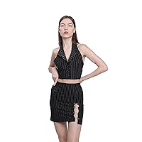 Womens Pinstripe Halter Vest Waistcoat Cropped Button Front Backless V Neck Collared Cami Tank Tops