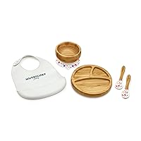 Baby and Toddler, 3 Compartment Plate, Bowl, and Spoon Feeding Set- Silicon Suction, Non-Toxic All Natural Bamboo Baby Food Plate with Silicon Bib