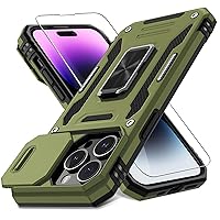 DEERLAMN for iPhone 14 Pro Max Case with Slide Camera Cover+Screen Protector(1 Pack),Rotated Ring Kickstand Military Grade Shockproof Protective Cover 6.7 Inch-Olive Green