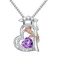 Turandoss Graduation Gifts for Her 2024, S925 Sterling Silver Heart Birthstone Graduation Cap Necklaces Class of 2024 High School College Graduation Gifts for Her