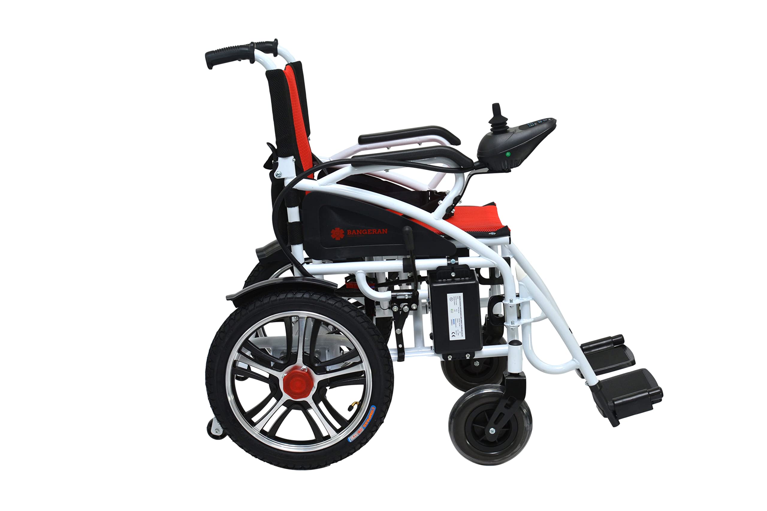 Mobilitas Z Foldable, Compact, Portable Electric Wheelchair for Adults and Seniors, Lightweight Power Wheelchair in Affordable Category, Silla de Ruedas Electrica, Dual Motor (White on Red)