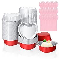 Yinkin 100 Set Valentine's Day Heart Shaped Cake Pans with Lids 3.4 oz Mini Heart Cupcake Pans Disposable Heart Muffin Tin Aluminum Heart Foil Pan Baking Cups with Plastic Scoop for Wedding Party