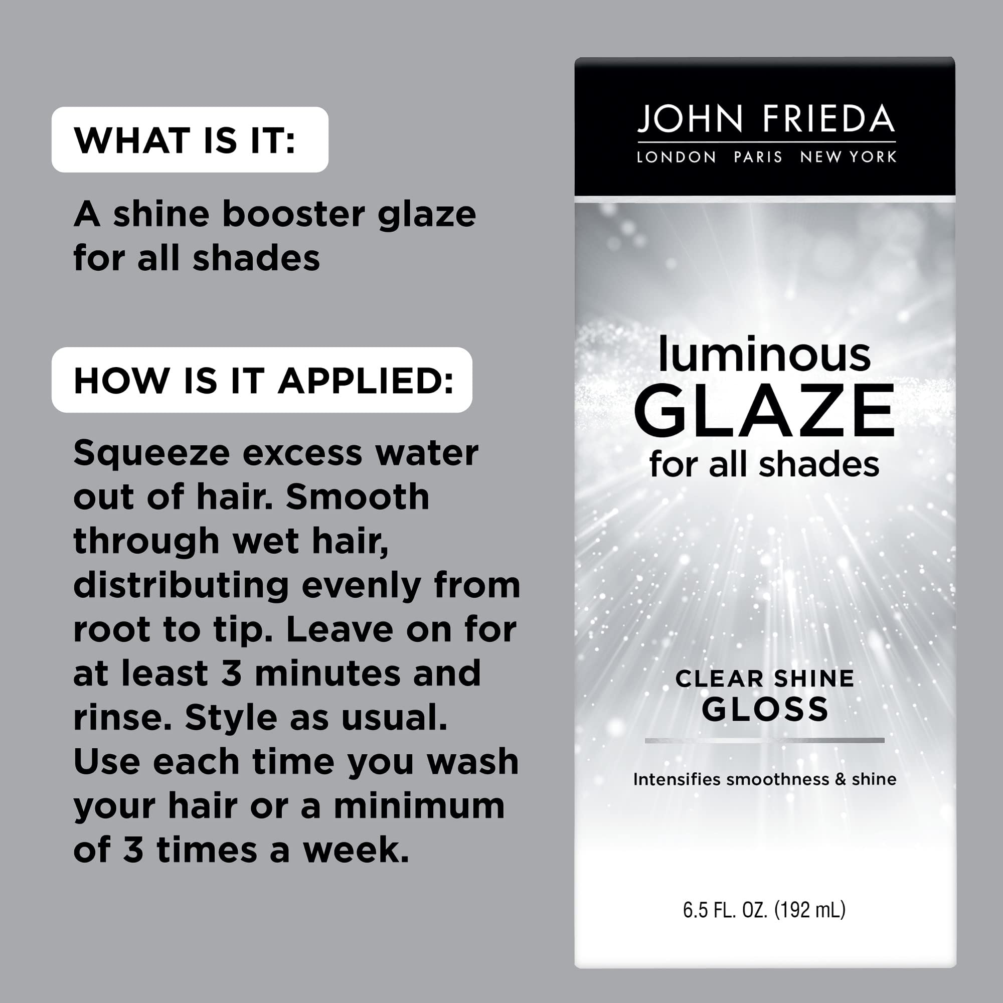 John Frieda Luminous Glaze Clear Shine Hair Gloss, Anti-Fade, Color Enriching Gloss, Safe for Color Treated Hair, 6.5 oz (Pack of 2)