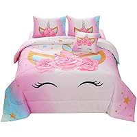 JQinHome Unicorn Full Bedding Sets for Girls Kids,6 Piece Bed in A Bag 3D Colorful Flower Girl Unicorn Comforter Set (1 Comforter,2 Pillowcases,1 Flat Sheet,1 Fitted Sheet,1 Cushion Cover)