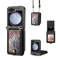 XYX Wallet Case for Samsung Z Flip 5 5G, Colorful Starry Sky Crossbody Strap PU Leather Phone Case with Card Holder Adjustable Lanyard for Galaxy Z Flip 5 5G, Black