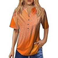 4Th of July Dress Women Womens Plus Size T-Shirts Summer Casual Loose Tee Tops Summer Blouses for Women 2024 V-Neck Button-Down Short Sleeve T-Shirt Dressy Tunic Top Saffron Large