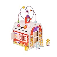 Melissa & Doug First Play Slide, Sort & Roll Wooden Activity Barn with Bead Maze, 6 Wooden Play Pieces (11.75” x 11.75” x 20” Assembled)