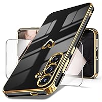 Dretal for Samsung Galaxy S24+ Plus 5G Case with Screen Protector, Women Girl Cute Girly Love-Heart Luxury Gold Soft Camera Protection Bumper Shockproof Phone Case for Galaxy S24+ (Black)