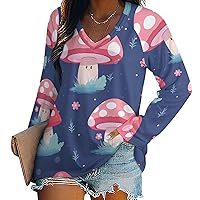 Cute Mushroom-1 Women's Long Sleeve Shirts Pullover V Neck Sweatshirt Casual Loose T-Shirt Tops