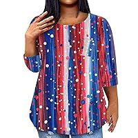Fourth of July Shirt, Plus Size Maternity Dress Women's Plus Size Tops Women's Casual Independence Day Printing Blouse 3/4 Sleeve Shirt Fashion Round Neck Summer Plus Size 2024 (Vermilion,5X-Large)