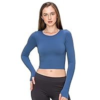 Kurve Women’s Crop T Shirt – Long Sleeve Thumb Holes Crewneck Seamless Cropped Top UV Protective Fabric UPF 50+ Made in USA