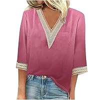 Women's 3/4 Sleeve Tunic Tops V Neck Guipure Lace Tops Boho Floral Plus Size Work Shirts Tie Dye Summer Y2K Clothes