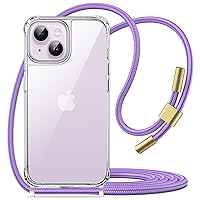 JETech Crossbody Case for iPhone 14 6.1-Inch with Adjustable Lanyard Strap, Clear Transparent Anti-Yellowing Shockproof Protective Phone Cover with Neck Cord (Purple)