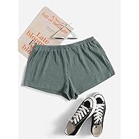 Shorts for Women Shorts Women's Shorts Solid Rib-Knit Elastic Waist Shorts Shorts (Color : Dark Green, Size : Small)