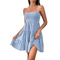 Sexy Ball Gown Sleeveless Dress for Womens Elastic Waist Winter Thin Pleated Tank Womens Slims Stretchy Print Turquoise M