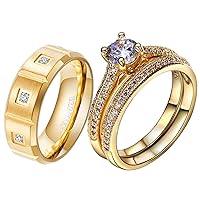 2 Rings Couple Rings Bridal Sets Yellow Gold Filled Heart Cz Womens Wedding Ring Sets Titanium Steel Man Wedding Bands