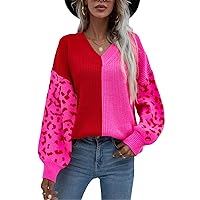 Fashion Tops Women's Fall Winter Loose V Neck Knit Cardigan Paneled Leopard Print Pullover Street Coat