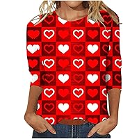 Women Valentines Day Shirts 3/4 Sleeve Casual Round Neck T Shirts Oversized Cute Love Heart Printed 2024 Trendy Tee Tops