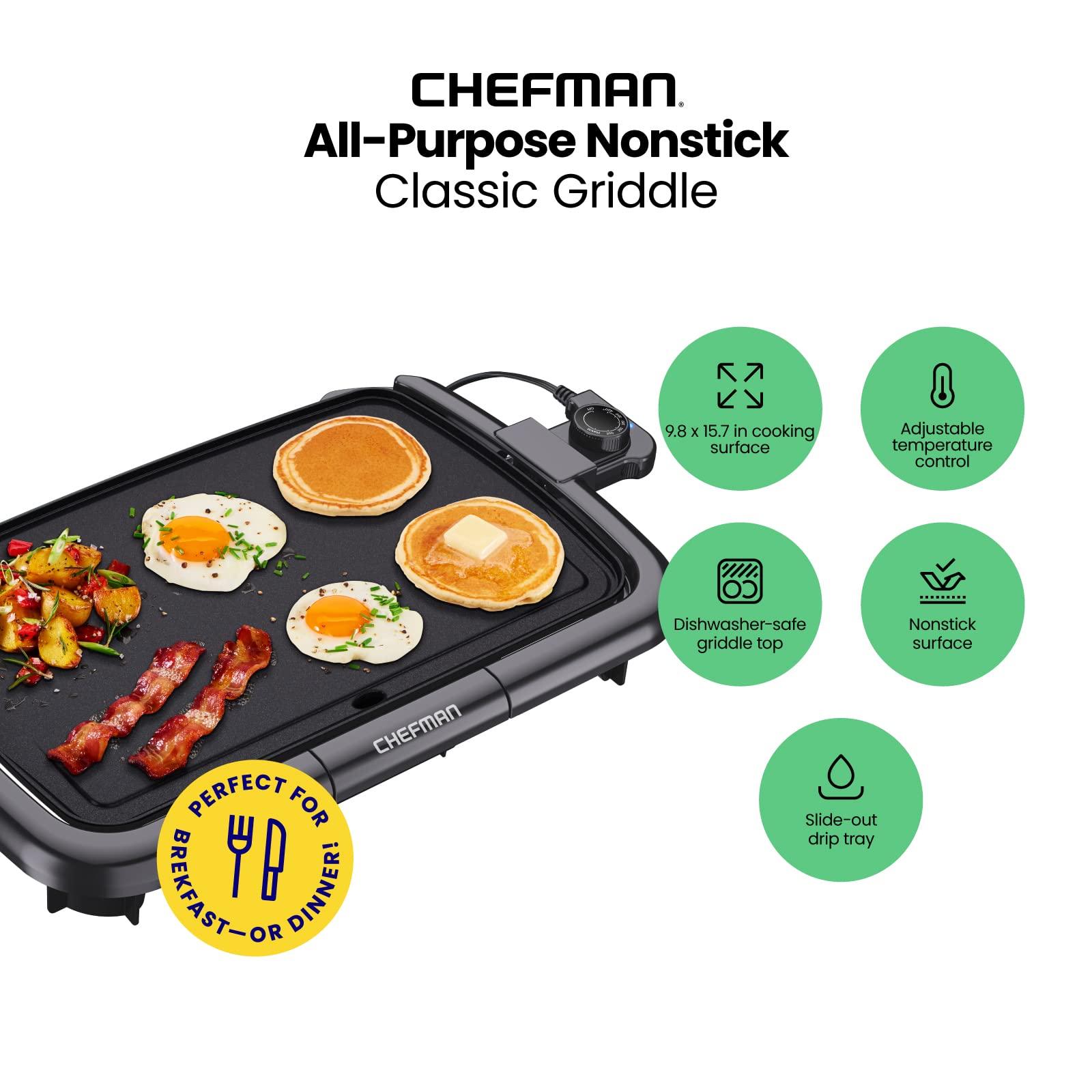 Chefman Electric Griddle with Removable Temperature Control, Immersible Flat Top Grill, Burger, Eggs, Pancake Griddle, Nonstick Easy Clean Cooking Surface, Slide Out Drip Tray, 10 x 16 Inch