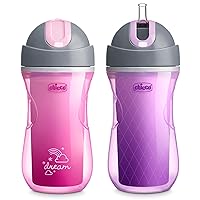 Chicco 9oz. Double-Wall Insulated Flip-Top Sippy Cup with Silicone Straw and Spill-Free Lid | Top-Rack Dishwasher Safe Easy to Hold Ergonomic Indents Dream Pink/Purple, 2pk 12+ months