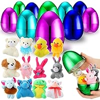 12 Set 6'' Jumbo Easter Eggs with Plush Animal Toys Filled Colorful Bright Plastic Easter Eggs for Easter Egg Hunt Easter Decorations Easter Party Favor(Metallic Plated, 4 Color)