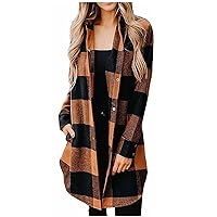 Women's Flannel Plaid Long Sleeve Hoodie Shacket Jacket Coats for Casual Loose Long Button Down Shirt with Pockets