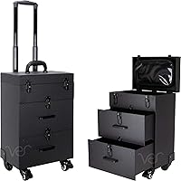 Ver Beauty DVT015-32 4-Wheels Nail Artist Tattoo Pro Rolling Art Craft Storage Organizer Case with 2 Drawers, Foundation Holder and Clear Pouch, Black Leatherette