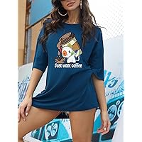 Women's T-Shirt Cartoon and Slogan Graphic Drop Shoulder Oversized Tee T-Shirt for Women (Color : Navy Blue, Size : Small)