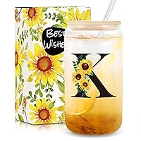 Ini-tial Glass Cup - Birthday Gifts for Women - 16 Oz Glass Cups W/Lids Straws, Sunflower Gifts, Glass Tumbler, Coffee Cup - Personalized Customized Cute Mothers Day, Birthday Gifts for Her Mom, K