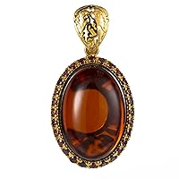 Gold Plated 925 Sterling Silver and Oval Baltic Cherry Amber and Cubic Zirconia Pendant, Includes 925 Sterling Silver Chain - Sterling Silver Jewelry Collection, made in Poland