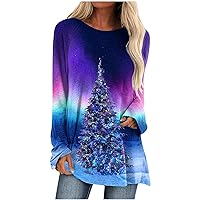 Christmas Tshirts Womens Fashion Christmas Tree Print Long Sleeve Tee Shirts Ladies Loose Fit Xmas Holiday Tunic Top