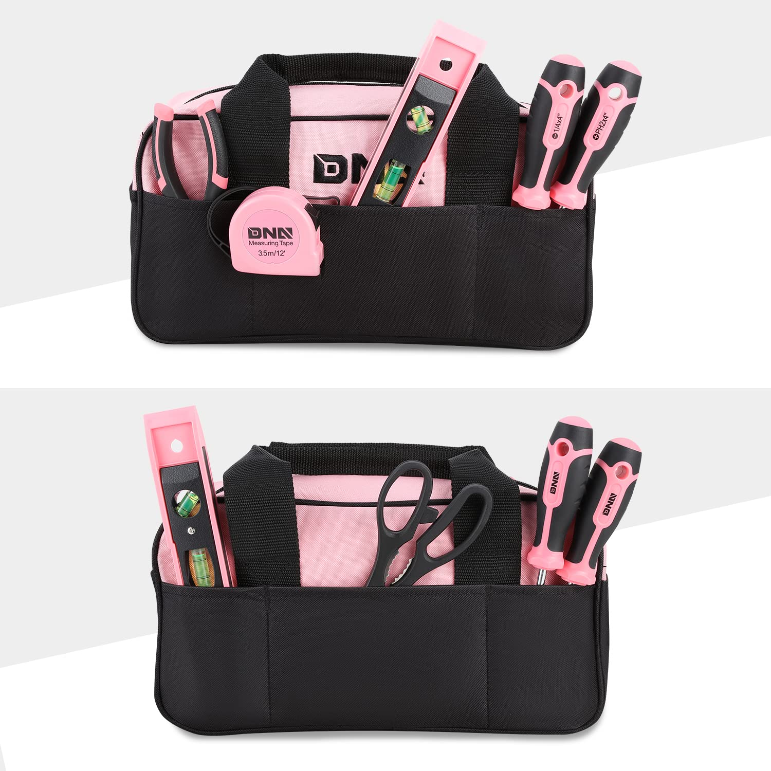 ‎DNA MOTORING TOOLS-00203 Home Repairing Tool Set - 7 Pcs Household DIY Hand Tool Kit with Wide-open Mouth Canvas Storage Bag, Pink