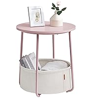 VASAGLE Small Round Side End Table, Modern Nightstand with Fabric Basket, Bedside Table for Living Room Bedroom, Jelly Pink and Classic White LET223R61