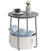 VASAGLE Small Round Side End Table, Modern Nightstand with Fabric Basket, Bedside Table for Living Room Bedroom, Dove Grey and Classic White LET223G49