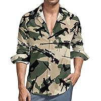 Camouflage Gun Hawaiian Shirt for Men Long Sleeve Button Down Beach Tops Dress Shirt