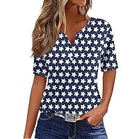 Summer Tops for Women 2024 Trendy Casual 4th of July Flag Shirts V Neck Short Sleeve Loose Comfy Patriotic Blouses