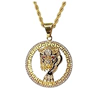 Men Women 925 Italy 14k Gold Finish Gold Round Black Iced King Of the Jungle Lion Head Pendant Stainless Steel Real 2.5 mm Rope Chain Necklace, Men's Jewelry, Iced Pendant, Wild Animal Diamond Lion Head Chain Pendant Rope Necklace