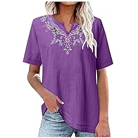 Chinese Style V Neck Shirts Women Floral Embroidered Fashion Tee Tops 2024 Summer Casual Loose Short Sleeve Blouses