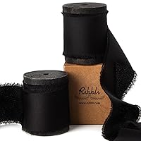 Ribbli Black Silk Satin Ribbon 1.5 Inch x 12 Yard Handmade Frayed Chiffon Ribbon with Wooden Spool Black Ribbon for Gift Wrapping Wedding Invitations Bridal Bouquets Home Decor