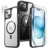 TAURI 5 in 1 Magnetic Case for iPhone 15 Plus [Military Grade Drop Protection] with 2X Screen Protector +2X Camera Lens Protector, Transparent Slim Fit Designed for Mag-Safe Case-Black