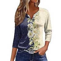 3/4 Sleeve Shirts Lady Boho Oversized Summer Travel Soft Polyester Button Front Henley Stripe Comfort Shirt