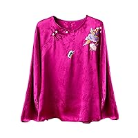 Women Blouse Silk Jacquard Embroidery Crew Neck Connect Shoulder Sleeve Hand Button Retro Top 149