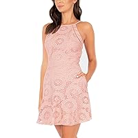 Speechless Womens Lace Pocketed Zippered Sleeveless Halter Short Evening Fit + Flare Dress