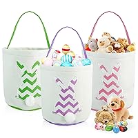 3Pcs Easter Baskets for Kids, Canvas Personalized Easter Bunny Basket Empty with Rabbit Tails Easter Egg Basket Bulk for Boys Girls Easter Eggs Hunting Easter Gift Party Easter Decorations